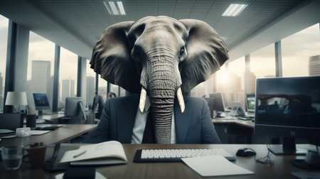 Businessman in the office with elephant head Conceptual image AI generativeの素材