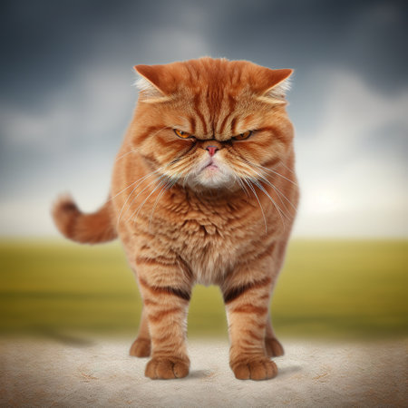 Funny red cat stands on a background of green grass and sky.の素材