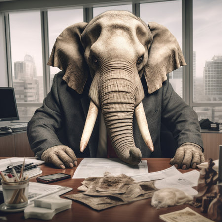 Asian businessman working with elephant in his office. Vintage color style.の素材