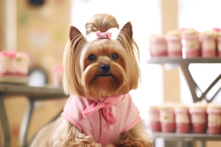 Yorkshire Terrier in a pink dress on the background of cakesの素材