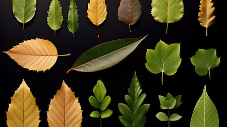 Leaves of different colors on a black background. Nature background. AI generativeの素材
