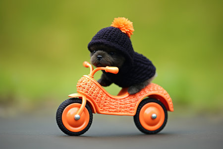 chihuahua puppy wearing a hat and riding a toy car. AI generativeの素材
