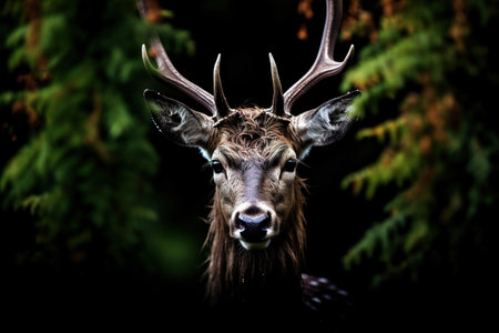 Close-up portrait of a deer stag with antlers on dark background. AI Generatedの素材