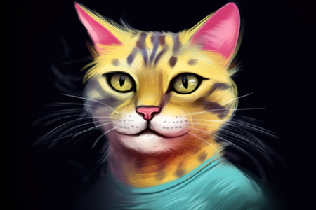 Cat in the blue shirt with yellow eyes on a black background. AI generativeの素材