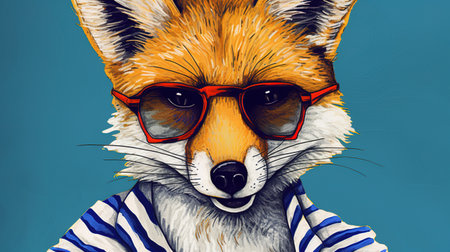 Portrait of a fox with sunglasses and a striped shirt on a blue background. AI GeneratedAI GeneratedAI Generatedの素材