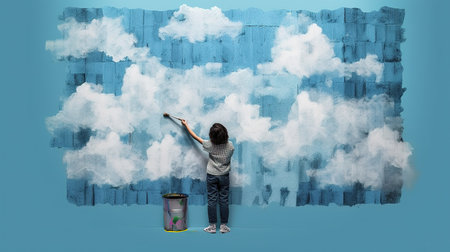 Little girl painting a blue wall with a brush and a bucket of paint. AI generativeの素材