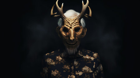Old man with golden mask and deer horns on a black background. AI generativeの素材