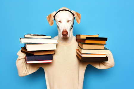 Cute dog with books on color background. Funny dog on color background. AI generativeの素材