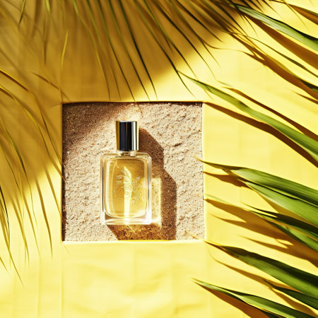 Bottle of perfume on a yellow background with palm leaves. Flat lay. AI Generatedの素材