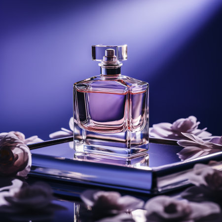 Perfume bottle with flowers on table. Perfumery concept. AI Generatedの素材