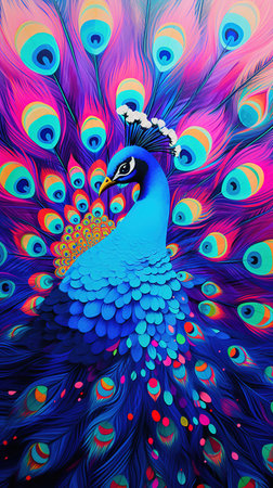 Peacock with colorful feathers on colorful background. AI Generatedの素材