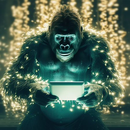 Angry gorilla holding a tablet computer in a dark room with lights. AI Generatedの素材