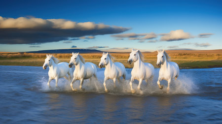 Herd of white horses running in the water, AI Generatedの素材