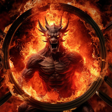 3D render of a monster in the fire with a magnifying glassの素材