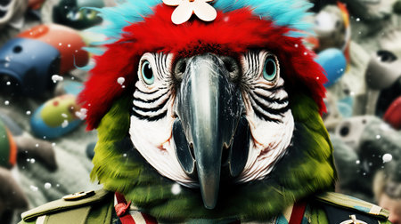 Close-up portrait of a parrot in a red wig. AI generatedの素材