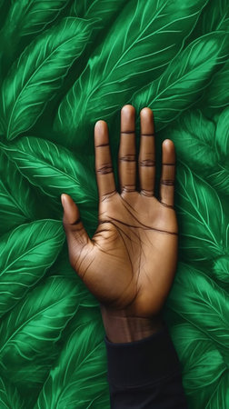 Hands of a man on the background of a green leaf. AI generatedの素材
