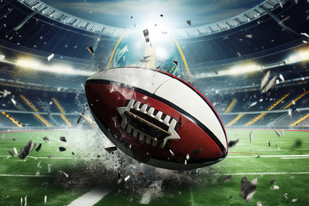Digitally generated image of rugby ball exploding against rugby stadium with fans. AI generatedの素材