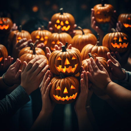 Group of people holding pumpkins for halloween celebration. Group of people having fun on Halloween. AI generatedの素材