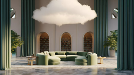 Interior of the library with green sofa and bookshelf. AI generativeの素材