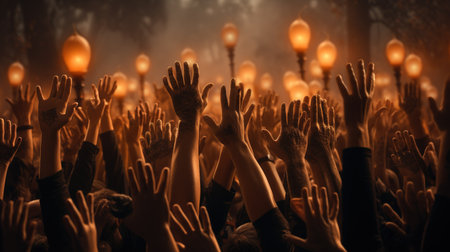 Hands of people raised up in the air at a music festival. AI Generatedの素材