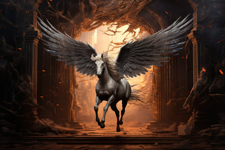 Horse with wings in a dark halloween scene. AI generativeの素材