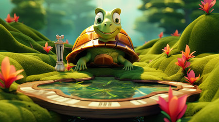 3d illustration of a tortoise playing a roulette in a green environment. AI Generativeの素材