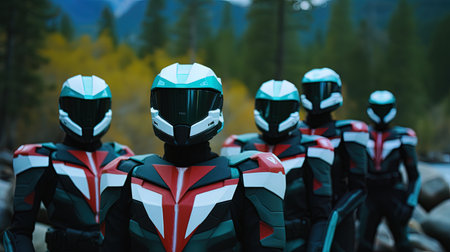 Rear view of a group of motorcyclists standing in a row. AI Generativeの素材