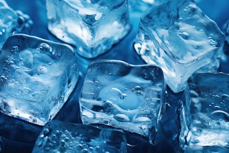 Ice cubes with water drops on blue background. Close-up. AI generativeの素材