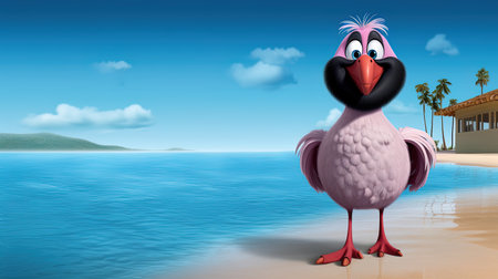 pink bird on the beach - 3d illustration of cartoon character. AI Generativeの素材