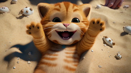 Cute ginger cat sitting on the sand and playing with shells. AI Generativeの素材