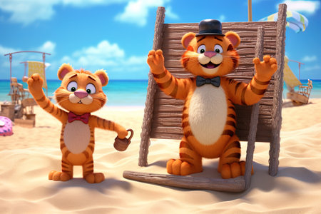 Tiger on the beach. 3D illustration. Cartoon character. AI generativeの素材