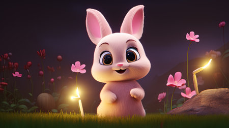 Cute bunny with pink flowers in the night. AI generativeの素材