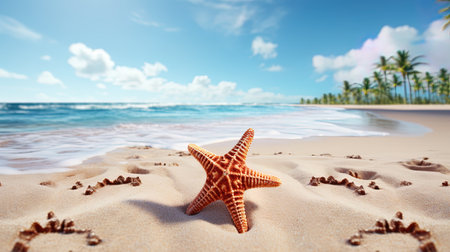 Starfish on the beach with palm trees and sea in the background. AI generativeの素材
