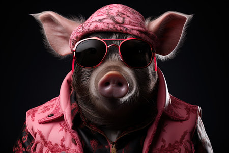 Portrait of a funny pig wearing a pink jacket and sunglasses. Studio shot. AI generativeの素材