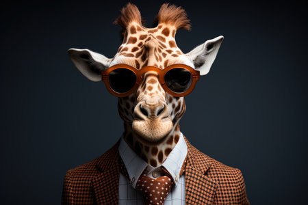 Funny giraffe in sunglasses and suit on a dark background. AI generativeの素材