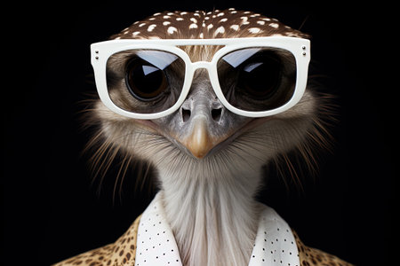 Portrait of a beautiful falcon in sunglasses on a black background. AI generativeの素材