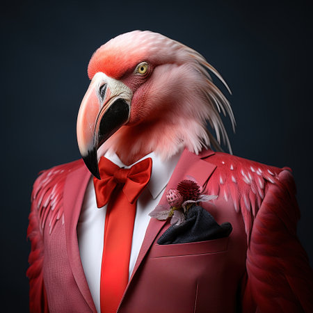 Portrait of a flamingo in a red suit and bow tie. AI Generatedの素材