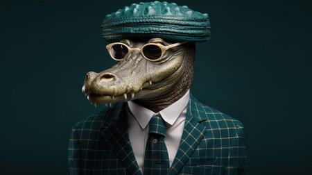 Funny crocodile in a suit, hat and glasses on a dark background. AI generativeの素材