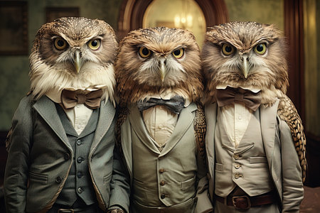 Three owls in a men's suit and bow tie. Retro style. AI generativeの素材