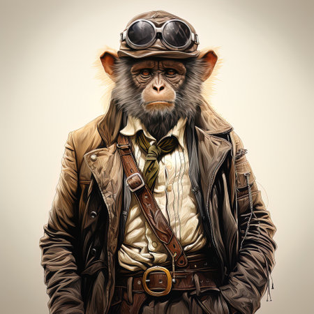 Portrait of a monkey in a leather jacket and aviator hat. AI generativeの素材