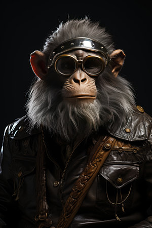 Portrait of a monkey in a leather jacket and aviator hat. AI generativeの素材