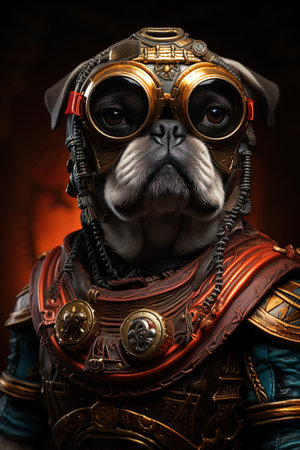Funny pug dog in the steampunk costume.  anthropomorphic animal. AI generativeの素材