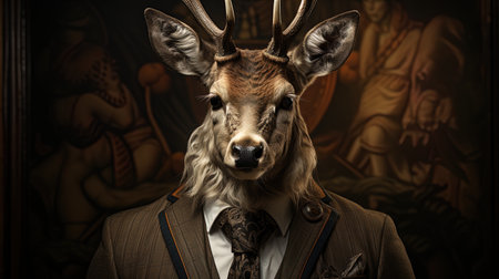 Portrait of a noble deer in a suit and tie on a dark background. AI generativeの素材