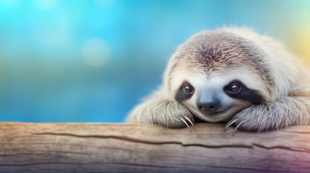 Cute sloth sleeping on the wood with bokeh background. AI generativeの素材