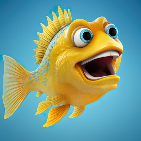 Funny yellow fish isolated on blue background. 3D illustration. AI generativeの素材