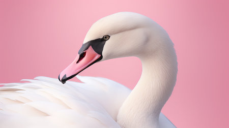 Close up of a mute swan isolated on a pink background. AI generativeの素材