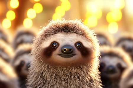 Close up portrait of cute baby sloth on bokeh background. AI generativeの素材