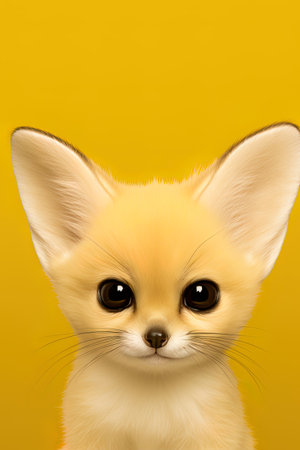 Close-up of a cute dog with weird ear on a yellow background. AI generativeの素材