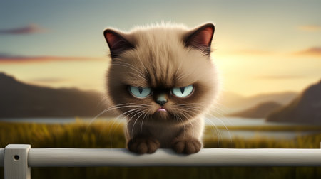 Cat with blue eyes sits on a fence. AI generativeの素材