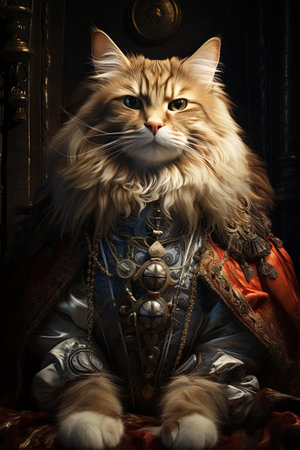 Portrait of a beautiful Maine Coon cat in medieval costume.の素材